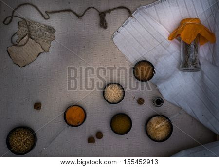 Alchemy Lab. dried herbs, salt, flasks, pipettes recipes on the old canvas