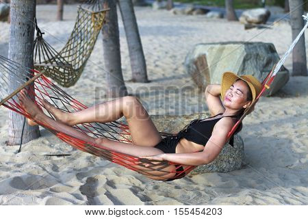 Lady relax private natural in Ban Krut Beach at Prachuap Khirikhun Province Thailand