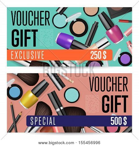 Cosmetic voucher template vector. Gift voucher layout or discount voucher. Special offer coupon or gift voucher. Cosmetic voucher layout. Fashion voucher. Cosmetics product sale voucher. Promo voucher. Design of voucher. Promo coupon or voucher. Voucher.