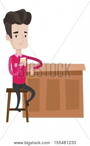 Caucasian man sitting at the bar counter. Man sitting with glass in bar. Man sitting alone and celebrating with an alcohol drink in bar. Vector flat design illustration isolated on white background.