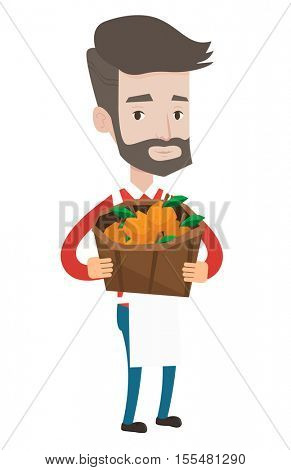 Caucasian greengrocer holding basket with oranges. Hipster greengrocer with the beard holding basket with fruits. Greengrocer at work. Vector flat design illustration isolated on white background.