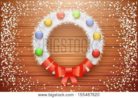 Traditional christmas wreath with white snowy fir and red ribbon bow on wooden table. Christmas balls. Vector Illustration Isolated on Background.
