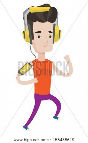 Man running with earphones and armband for smartphone. Man using armband for smartphone. Sportsman running with armband for smartphone. Vector flat design illustration isolated on white background.