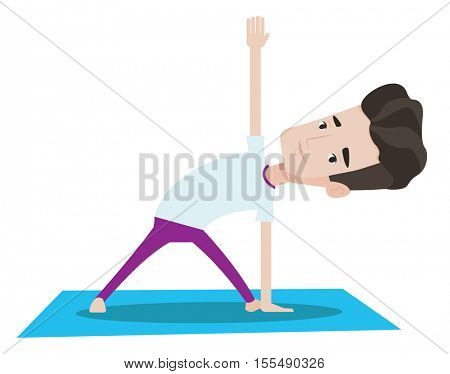 Young man standing in yoga triangle pose. Caucasian sportsman meditating in yoga triangle position. Sporty man doing yoga on the mat. Vector flat design illustration isolated on white background.