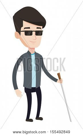 Caucasian blind man standing with walking stick. Young blind man in dark glasses standing with cane. Blind man walking with stick. Vector flat design illustration isolated on white background.