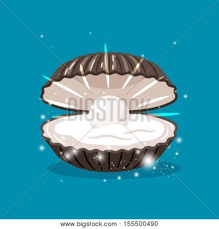 Glitter shell with pearl inside and sparkles vector illustration
