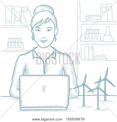 Female worker of wind farm at work. Engineer of wind farm working on laptop. Woman working with model wind turbines. Green energy concept. Hand drawn vector sketch illustration on white background.