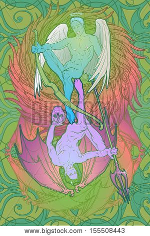 Angel and demon. Pinup and art Nouveau eclectic style. Intricate hand drawing, rich detailed beckground. St Valentine's day gay friendly celebration design. Tattoo design. EPS10 vector illustration