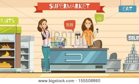 Supermarket store cashier and customer with grocery basket at cash register retro cartoon poster vector illustration