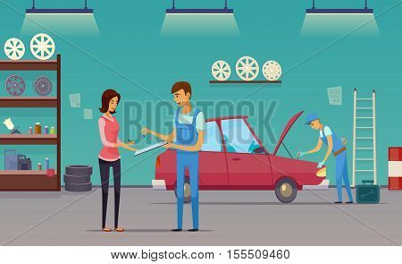 Auto repair shop service workers fixing car and billing customer retro cartoon indoor composition poster vector illustration