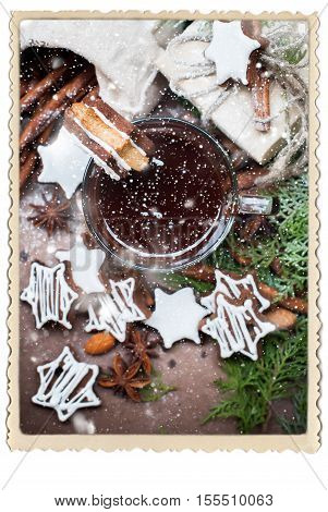 Tiny Chocolate Christmas Cookies in Star Shape with Icing Sugar on Cup Vintage Retro Photo Frame Isolated on White Drawn Snow