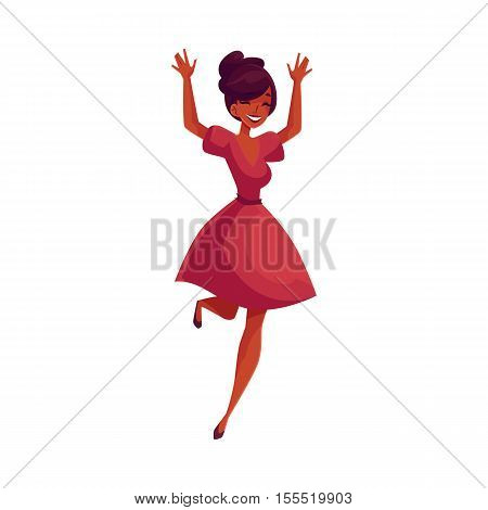 Beautiful young black woman jumping from happiness, cartoon vector illustrations isolated on white background. Happy African Amercian girl or young woman in a nice dress jumping in excitement