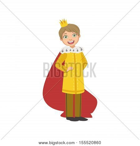 Little Boy In Yellow Gown Dressed As Fairy Tale Prince. Cute Flat Child Character In Bright Colored Clothes Isolated On White Background