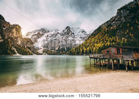Great alpine lake Braies (Pragser Wildsee). Magic and gorgeous scene. Popular tourist attraction. Location place Dolomiti, national park Fanes-Sennes-Braies, South Tyrol, Italy. Europe. Beauty world.