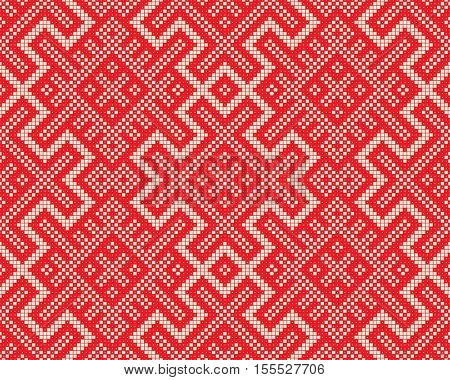 Seamless Red Knitting Background. Abstract Nordic Sweater Ornament. Old Russian Knitted Pattern. Decorative Fashion Design. Christmas Graphic Print Design