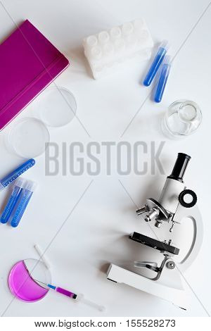 doctor workplace with microscope at lab top view no one