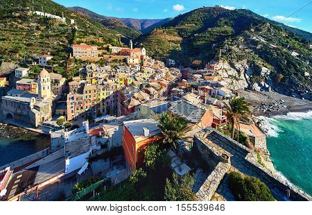 Vernazza small coastal village in the Italian region of Liguria Cinque Terre. Province of La Spezia. UNESCO World Heritage List. Italy