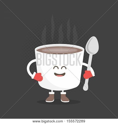 Kids restaurant menu cardboard character. Christmas and New Year winter style. Funny cute mug coffee drawn with a smile eyes and hands. Dressed in Santa hat and warm gloves.