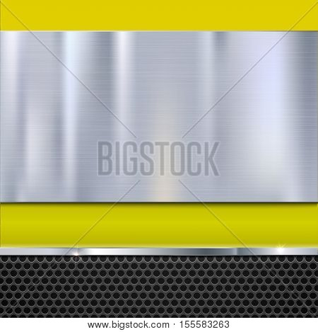 Shiny brushed metal plate with screws. Stainless steel banner on yellow polished background with metal strip and black mesh, vector illustration for you