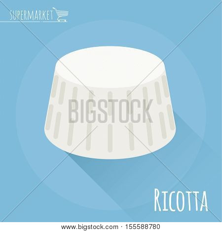 Flat design ricotta cheese vector icon on light blue background with long shadow