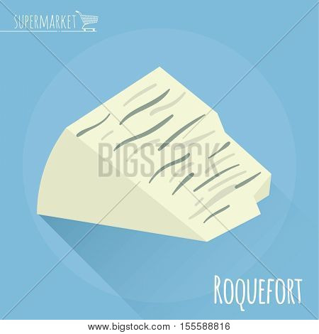 Flat design Roquefort cheese vector icon  on light blue background with long shadow