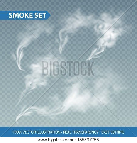 Delicate white cigarette smoke waves on transparent background. Vector illustration EPS10