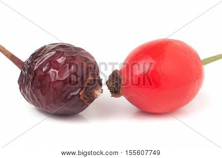 a dried and fresh rose hip berry isolated on white background.