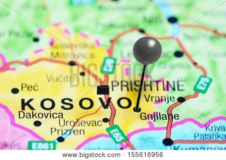 Gnjilane pinned on a map of Kosovo