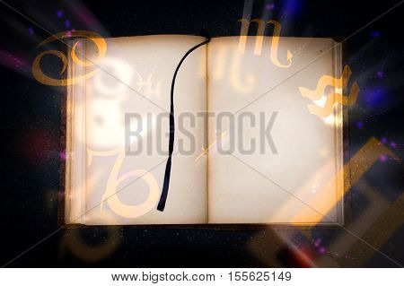 Old magic book with glowing zodiac symbols. Empty page for Your text