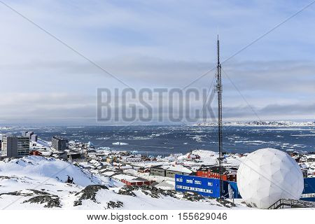 Snow Covered City And Fjord With Icebergs Overview, Nuuk, Greenland