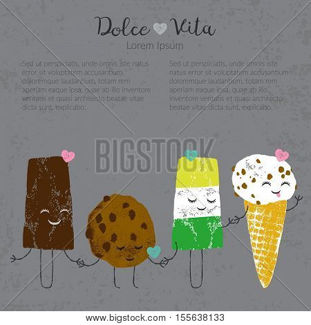Vector hand drawn ice cream set cute kawaii frendship story for postcard, poster, label and others