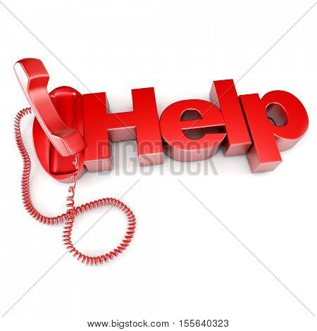 3D rendering of an unhooked red telephone with the word help