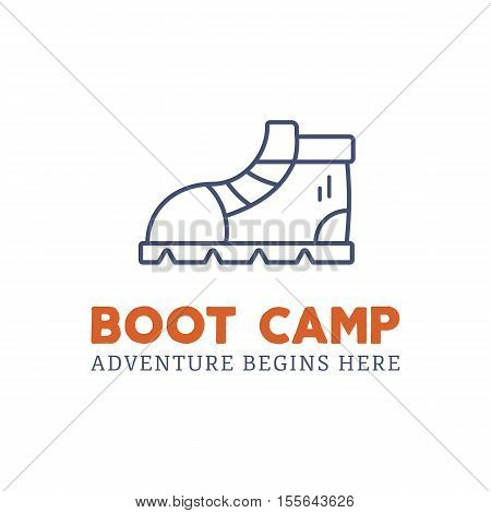 Camping adventure logo design with boot and typography elements. Vector text - boot camp. Backpacking symbol in retro style. Vector Monochrome. Nice for prints, tee design, web infographics.