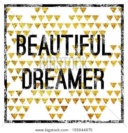 Black and white vector postcard template with gold glitter and pattern.