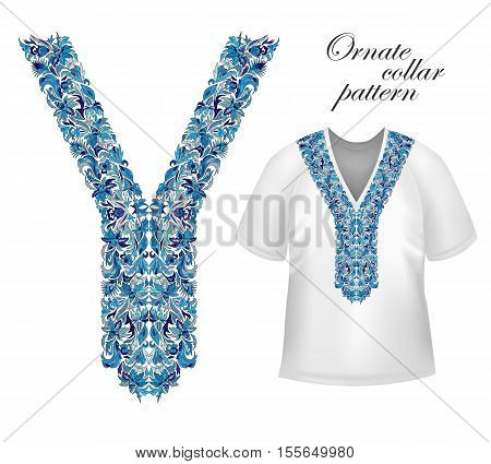 Shirt, jacket and T-shirt collar pattern. Embriodery ornament. Vector. Blue