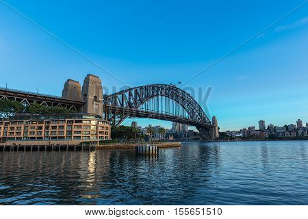 Sydney Harbour Bridge Sydney Australia.NOV 09,2016 The Sydney Harbour Bridge is a steel through arch bridge across Sydney Harbour that carries rail, vehicular, bicycle, and pedestrian traffic between the Sydney central business district (CBD) and the Nort