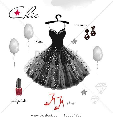 Festive Outfit fashion style Items of clothing and accessories isolated on white background black dress
