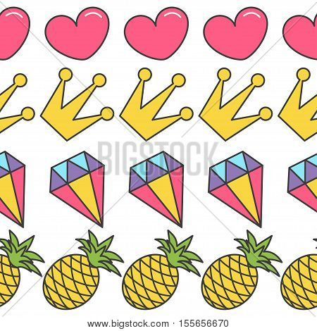 Pink heart crown diamond pineapple Quirky cartoon Seamless Pattern White background. Flat design. Vector illustration.