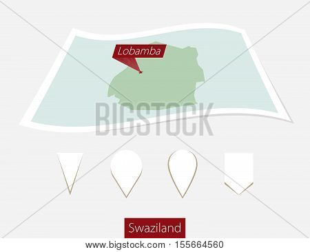 Curved Paper Map Of Swaziland With Capital Lobamba On Gray Background. Four Different Map Pin Set.