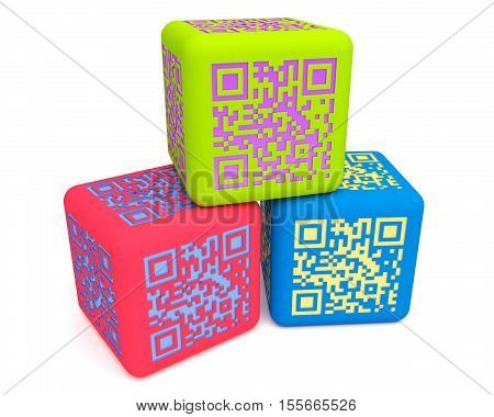 Colorful cubes with QR code pattern on white. 3D illustration
