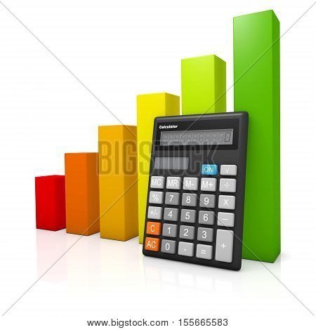 Concept: calculator and red to green colorful growing graph diagram on white glossy plane. 3D illustration