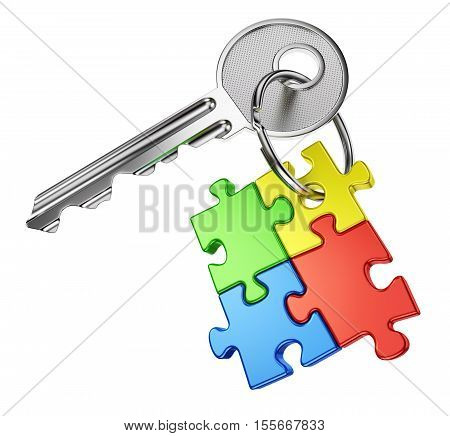 Solution problem and business success concept. Nickel door key with keyring from four color puzzle pieces isolated on white background. 3D illustration