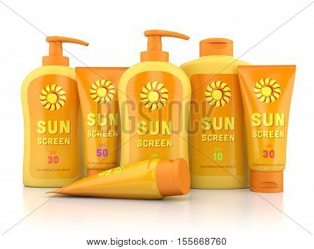 Bottle and tube containers of sun cream and lotion isolated on white glossy background. Summer sun tanning and sunscreen concept. 3D illustration