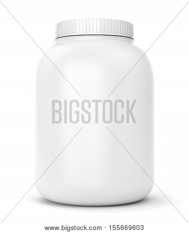 Bodybuilding supplements: can of protein or gainer powder isolated on white background. 3D illustration