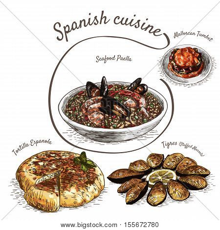 Menu of Spain colorful illustration. Vector illustration of Spanish cuisine.