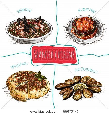 Menu of Spain colorful illustration. Vector illustration of Spanish cuisine.