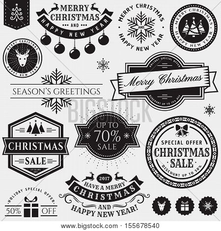 Christmas and New Year decorative elements isolated on white background. Set of typography badges for greeting cards sale labels page and web decoration or other holiday design. Vector illustration.
