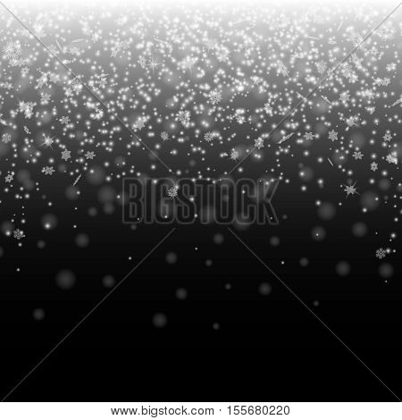 Snow on black background. Winter snowfall. Vector illustration