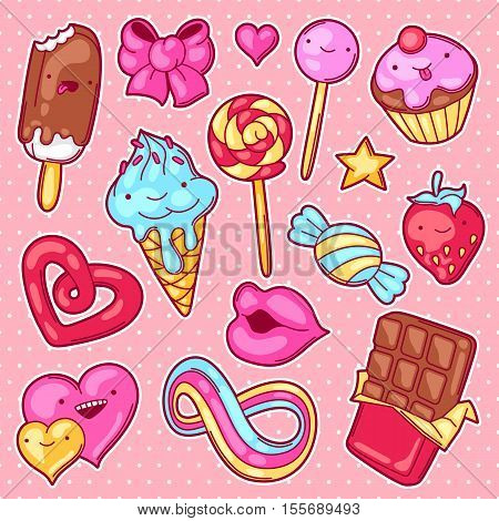 Set of kawaii sweets and candies. Crazy sweet-stuff in cartoon style.