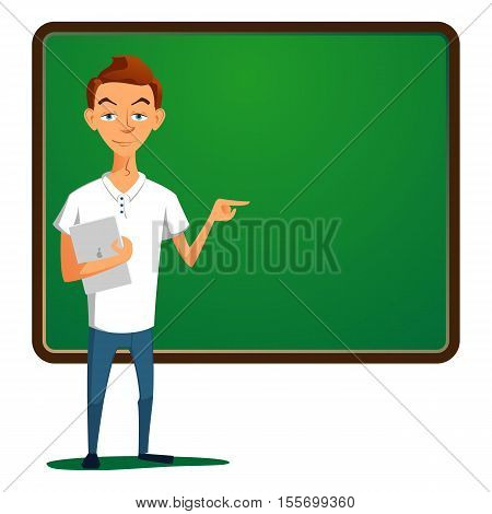 Teenager standing against the background of the school board and pointing her finger. For breast pressed tablet. Cartoon illustration of a flat design.